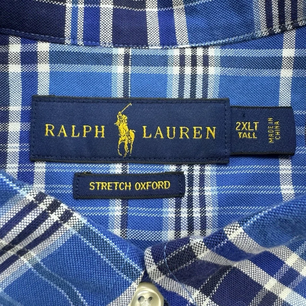 Polo Ralph Lauren Shirt Men 2XLT Blue Plaid Stretch Oxford LS Flesh Pony